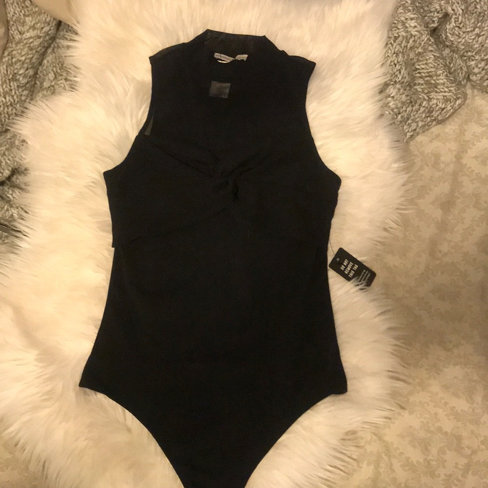 Sheer mock neck thong bodysuit